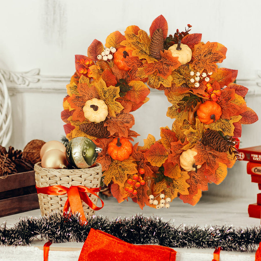Autumn Harvest LED Wreath with Maple Leaves Pumpkins & Berries 45cm