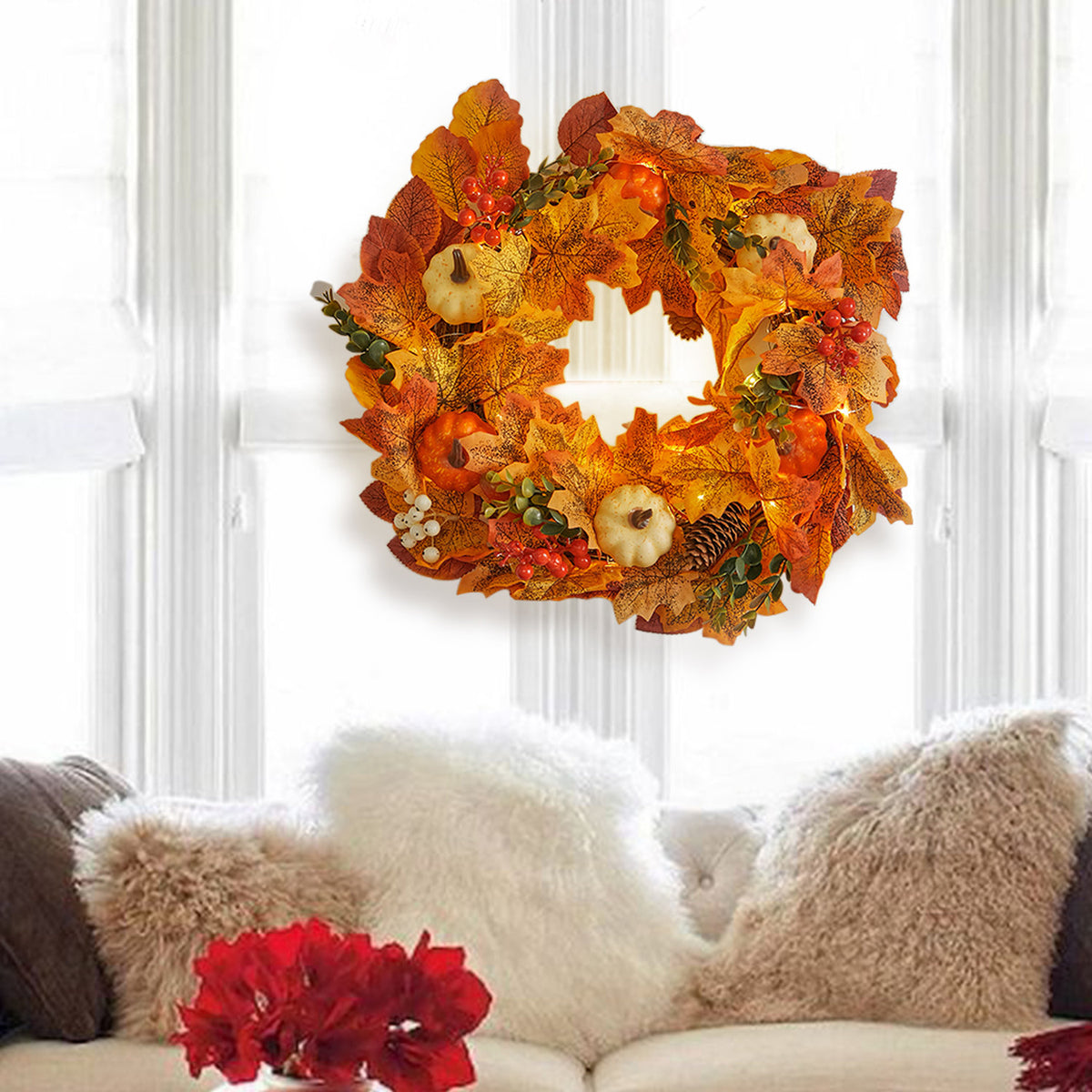 Autumn Harvest LED Wreath with Maple Leaves Pumpkins & Berries 45cm