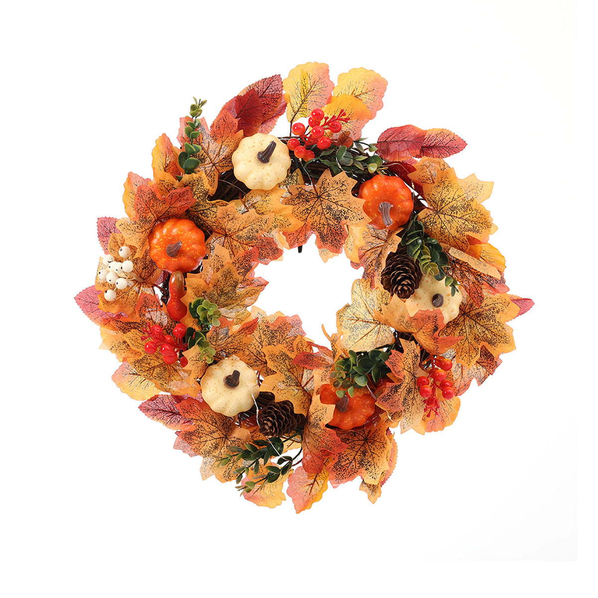 Autumn Harvest LED Wreath with Maple Leaves Pumpkins & Berries 45cm