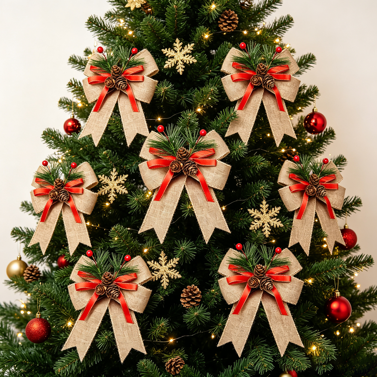 Christmas Bows Beige Pine Cone 6 Pack