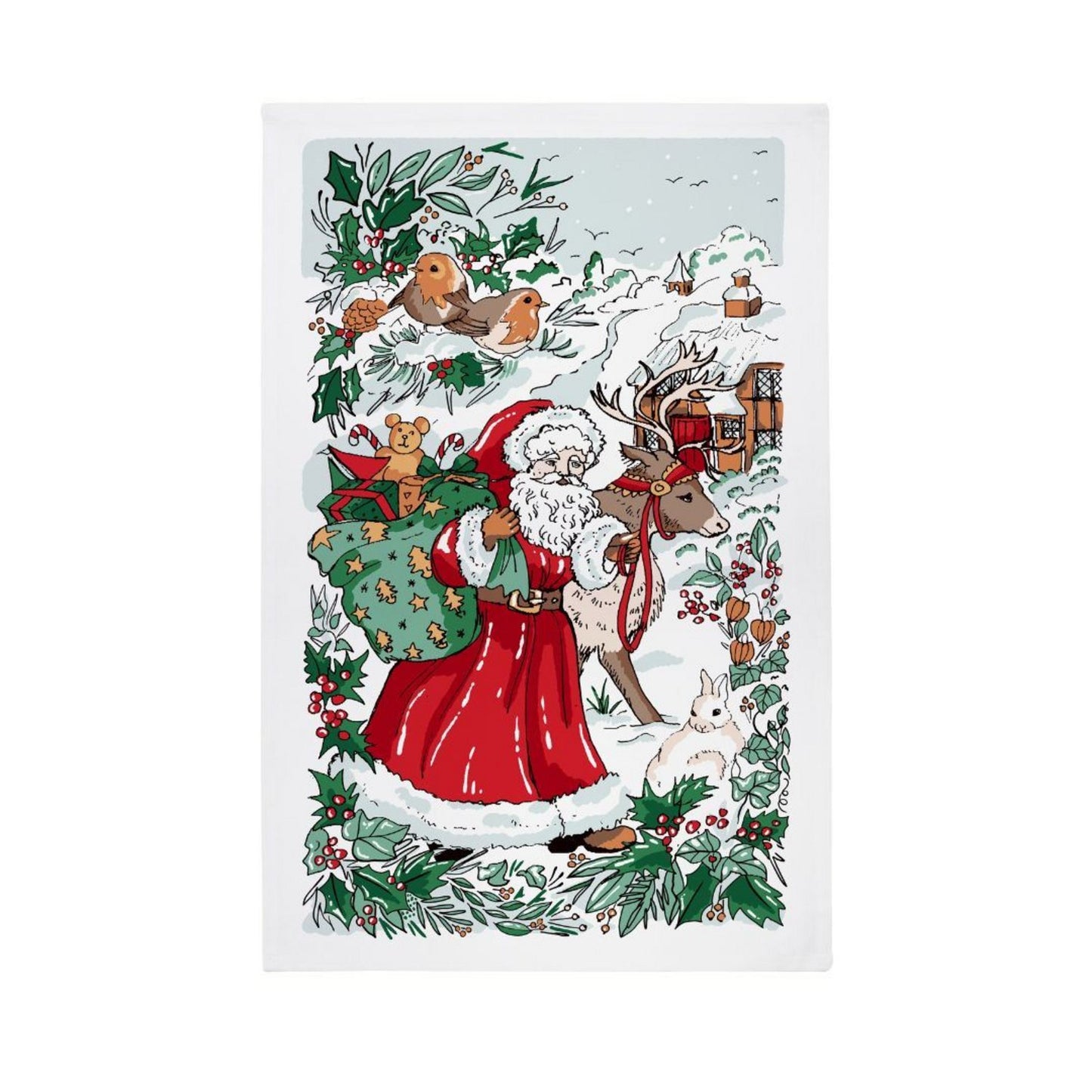 Santa Scene Cotton Christmas Tea Towel