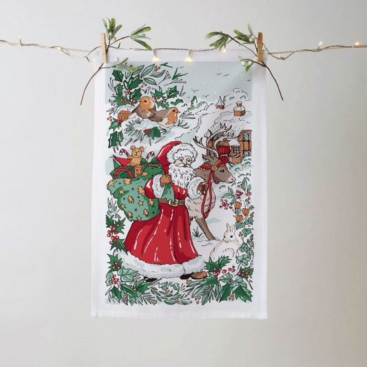 Santa Scene Cotton Christmas Tea Towel