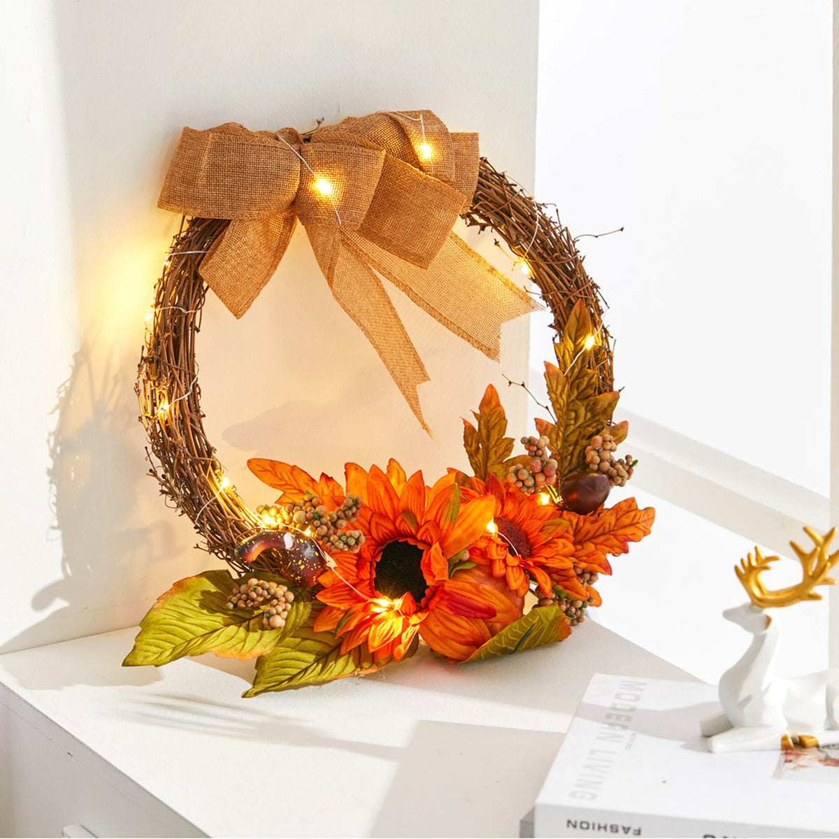 Autumn Sunflower Wreath with Wire Lights 35cm