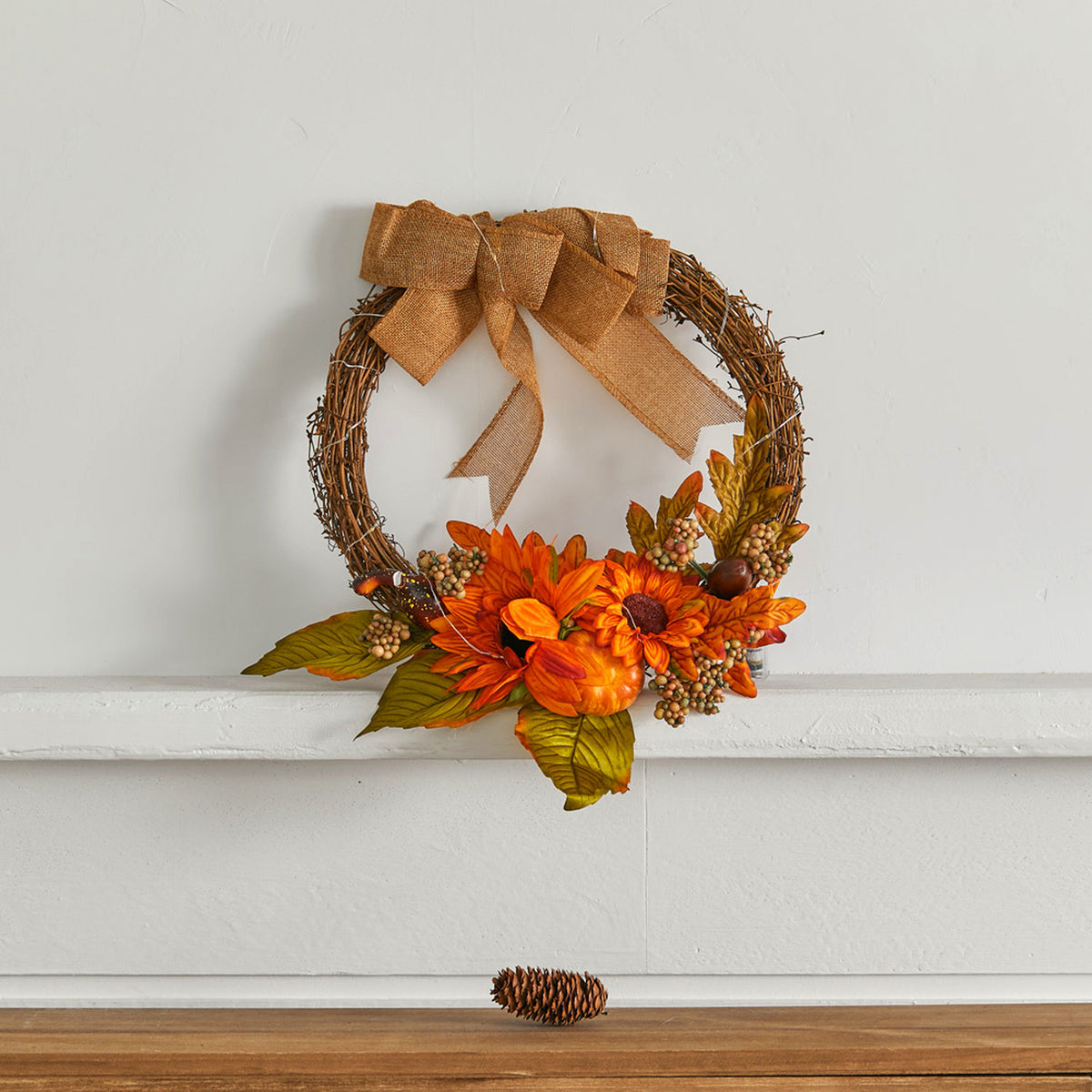 Autumn Sunflower Wreath with Wire Lights 35cm