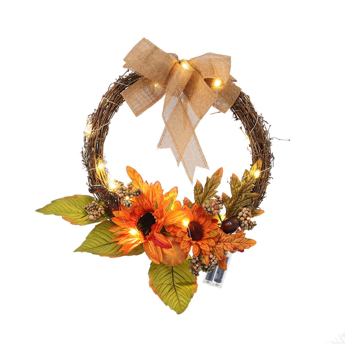 Autumn Sunflower Wreath with Wire Lights 35cm
