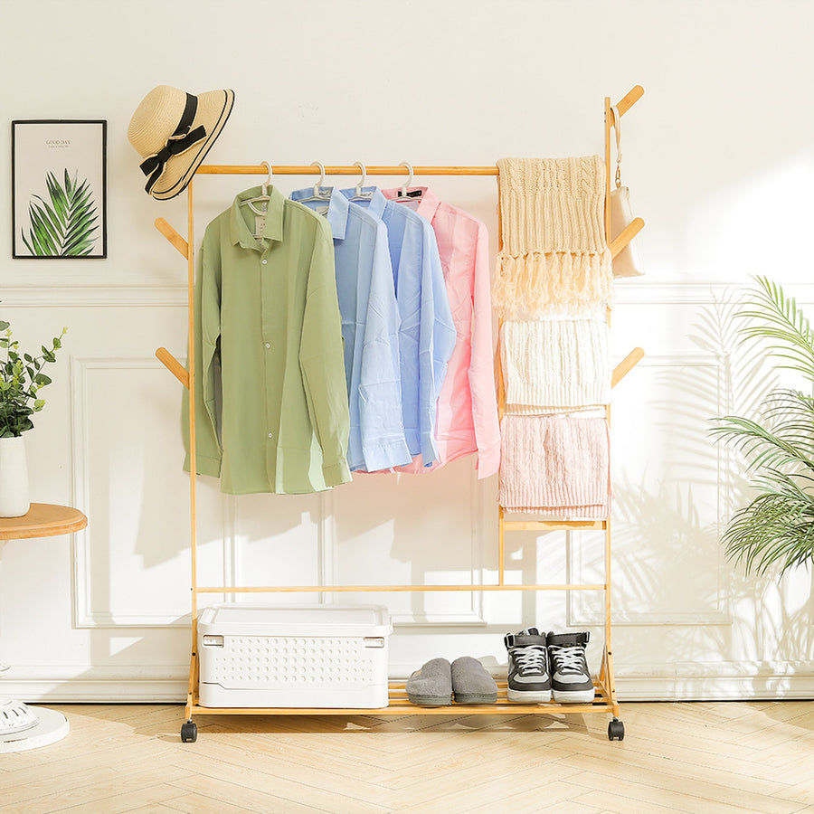 Natural Bamboo Clothes Stand with Bottom Shelf