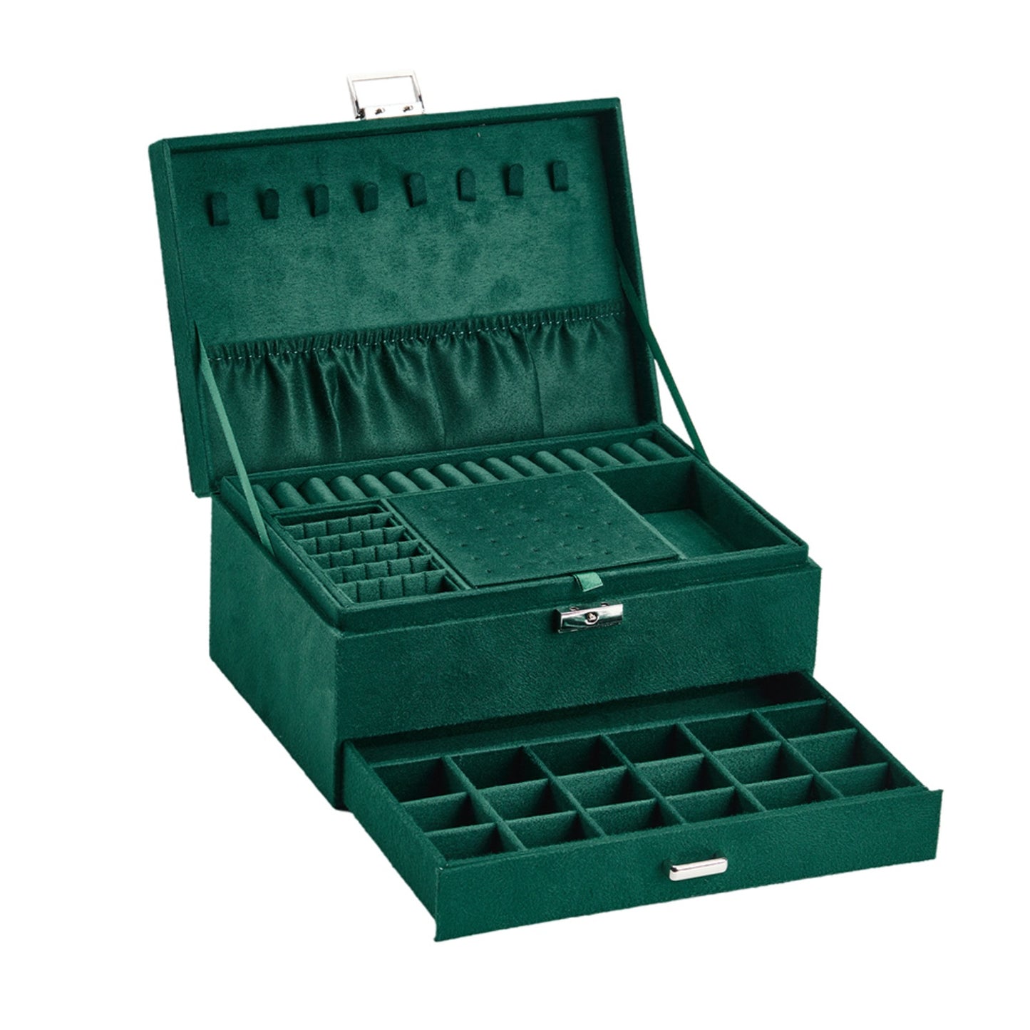 3-Tier Dark Green Velvet Lockable Jewellery Case
