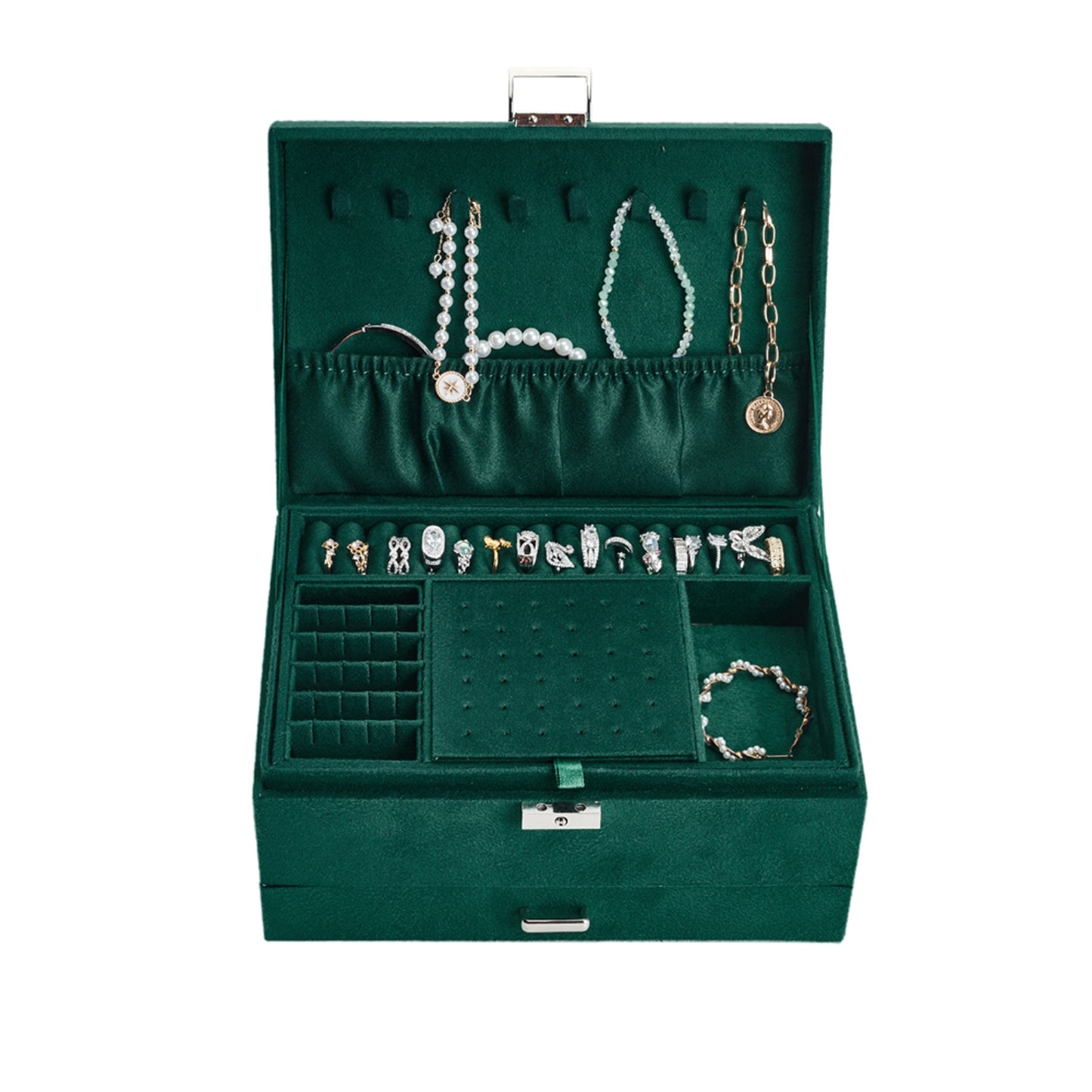 3-Tier Dark Green Velvet Lockable Jewellery Case