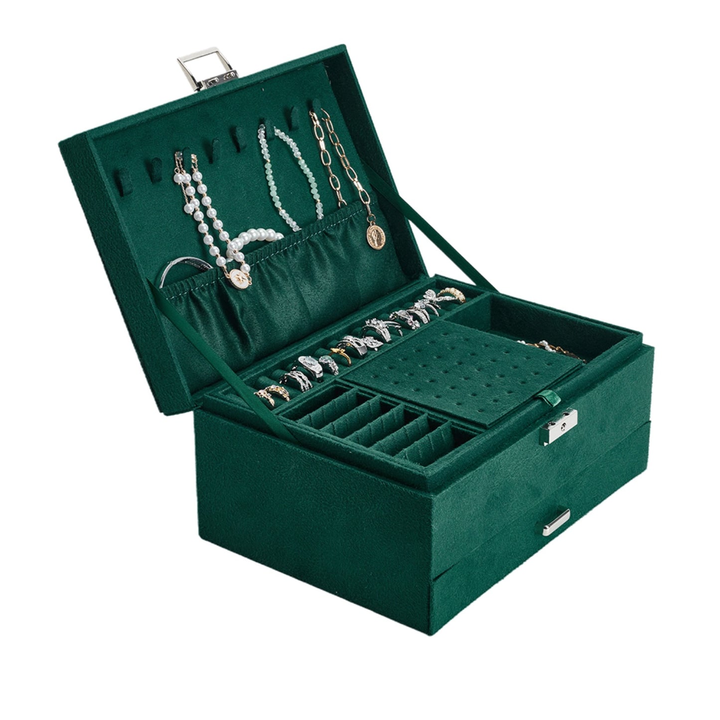 3-Tier Dark Green Velvet Lockable Jewellery Case