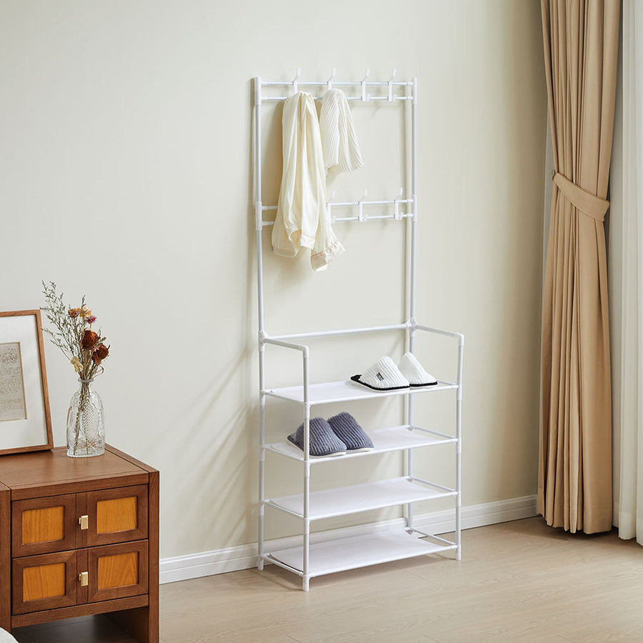 Shoe 4 Tier Rack White with Coat Hooks