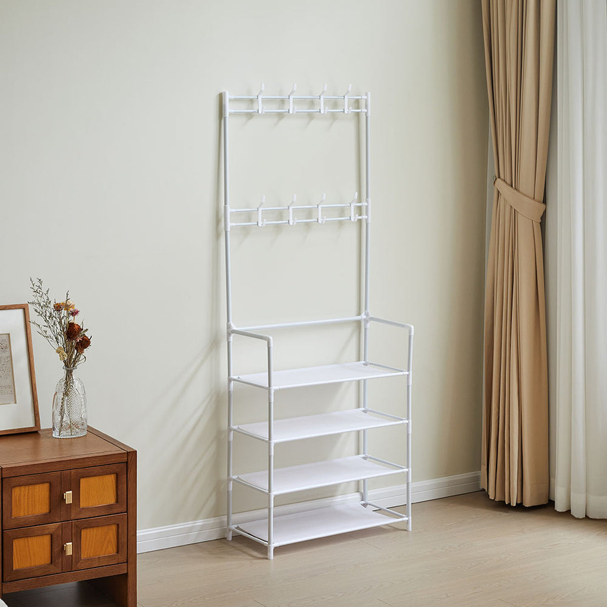 Shoe 4 Tier Rack White with Coat Hooks