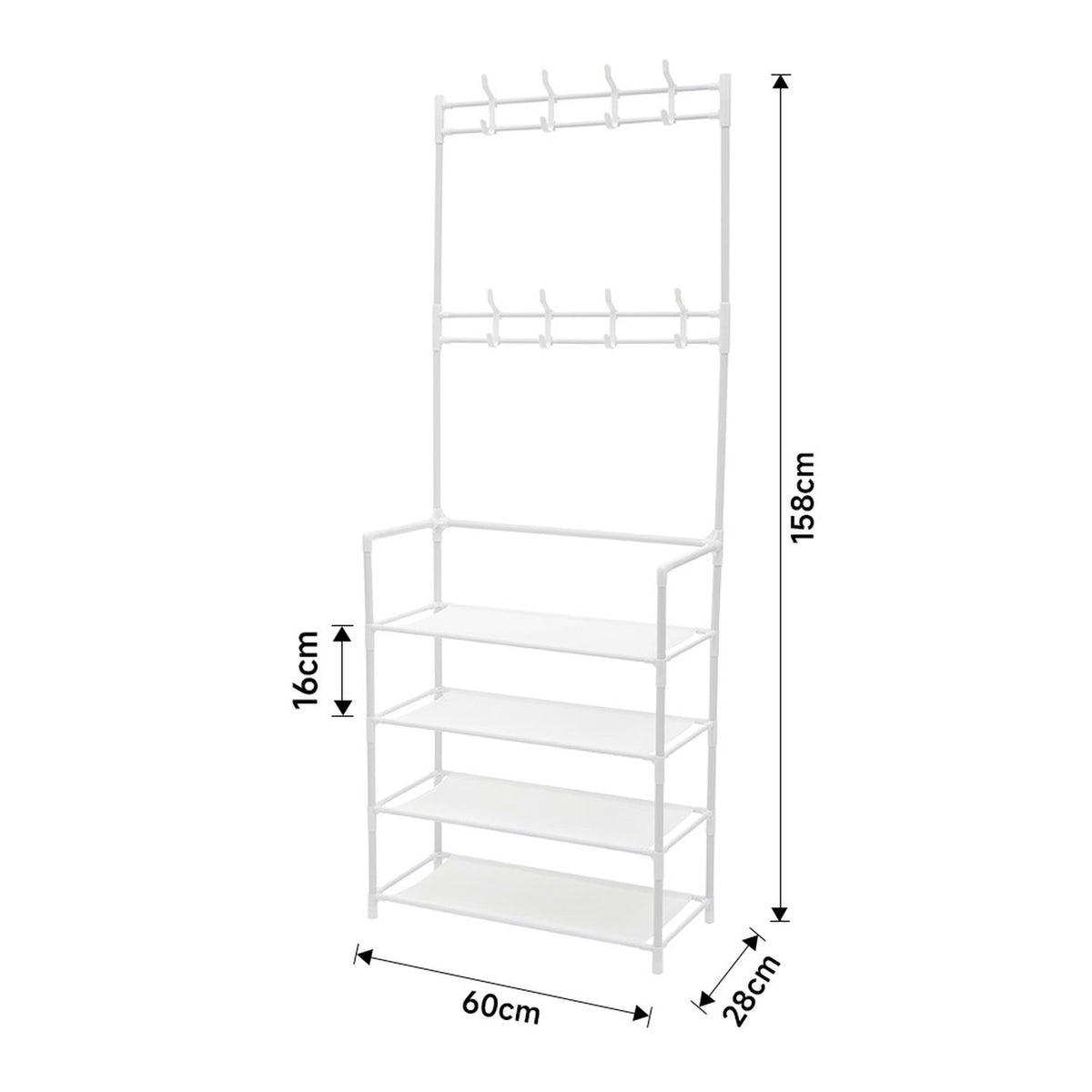 Shoe 4 Tier Rack White with Coat Hooks
