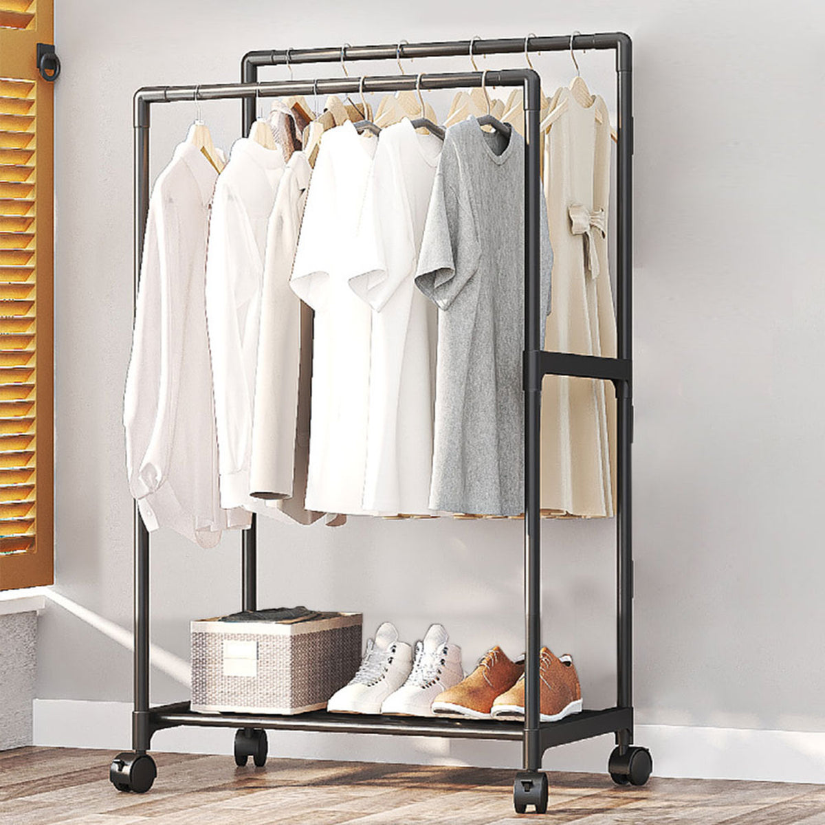 Double Rod Metal Clothes Rack with Wheels