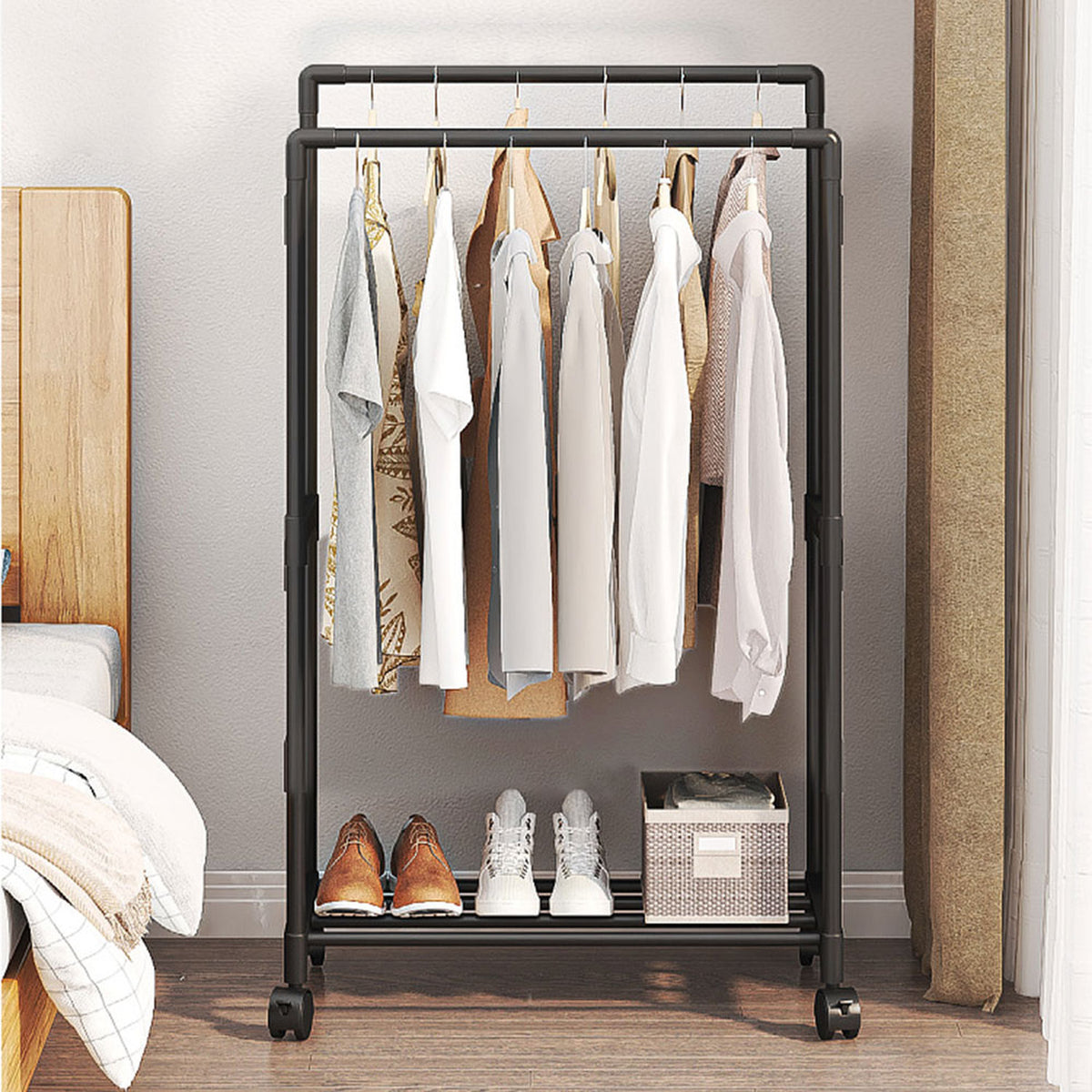 Double Rod Metal Clothes Rack with Wheels