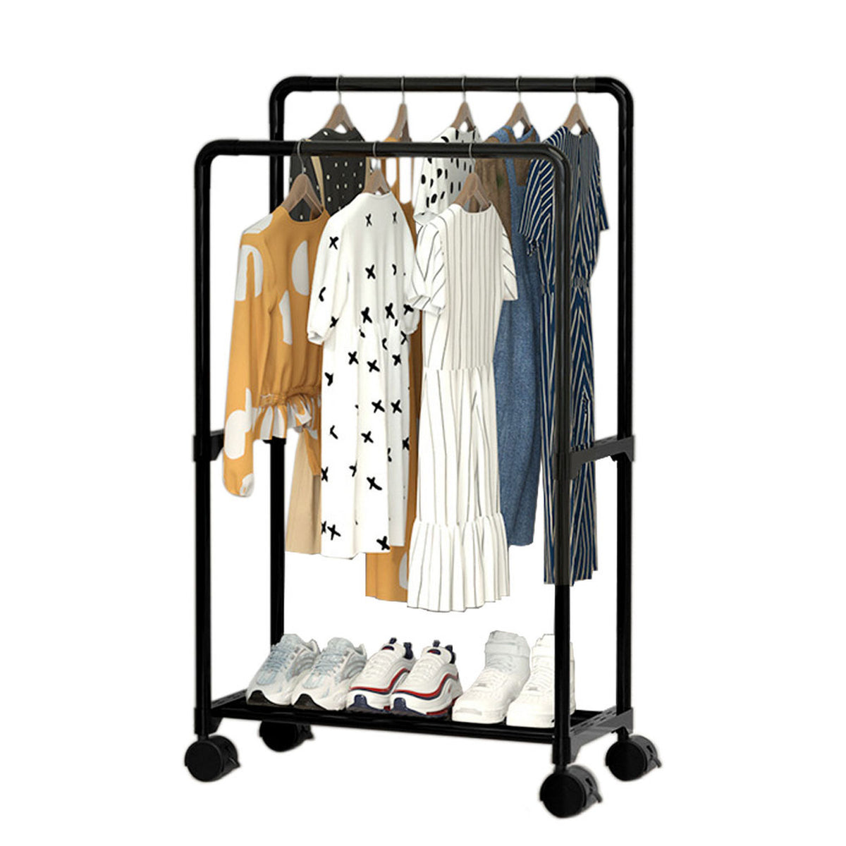 Double Rod Metal Clothes Rack with Wheels