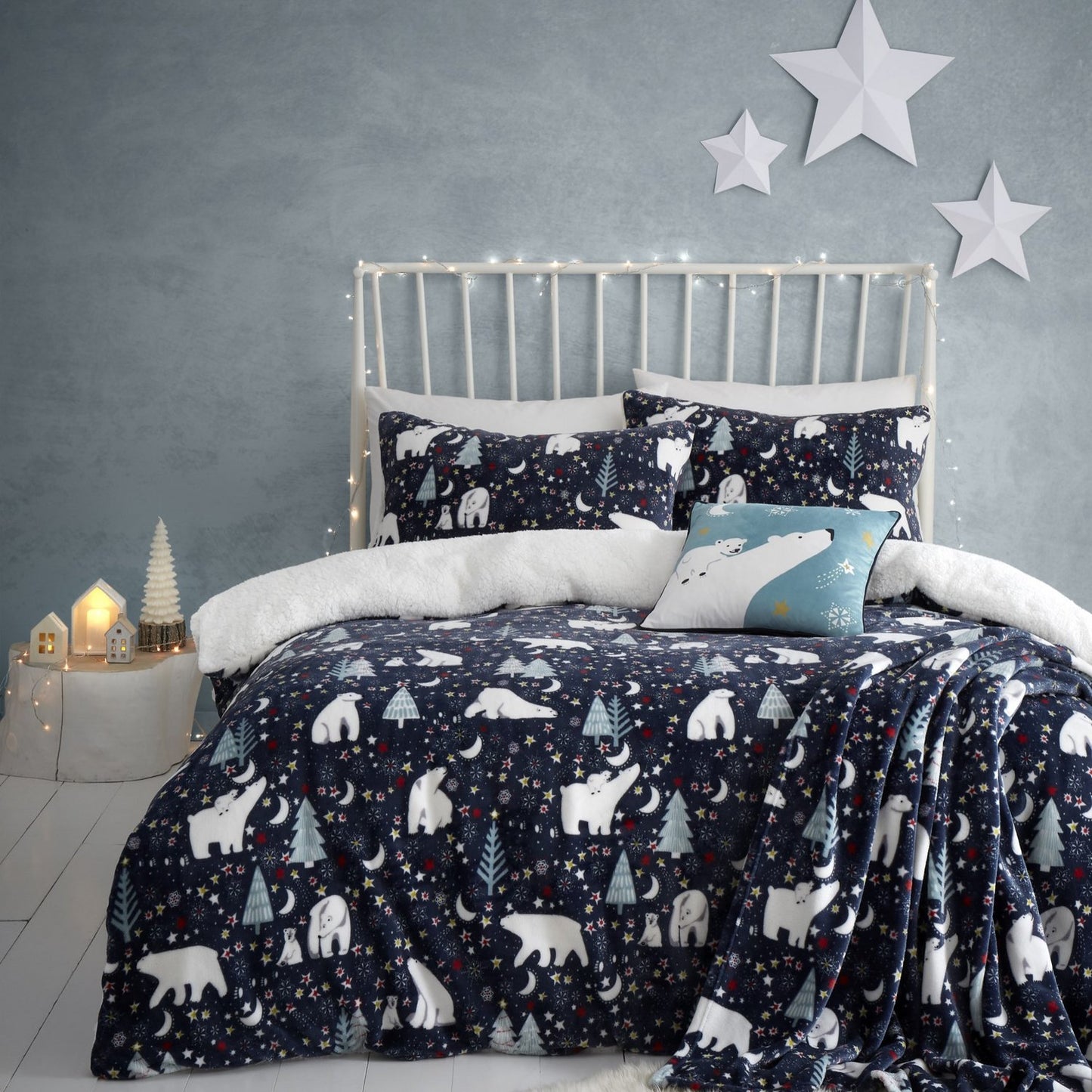 Starry Night Navy Polar Bear Fleece Duvet Set