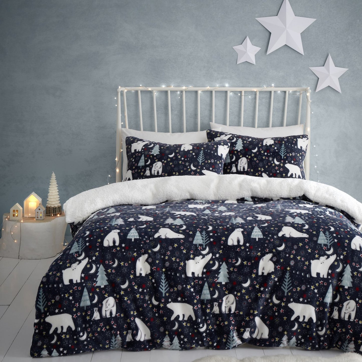 Starry Night Navy Polar Bear Fleece Duvet Set