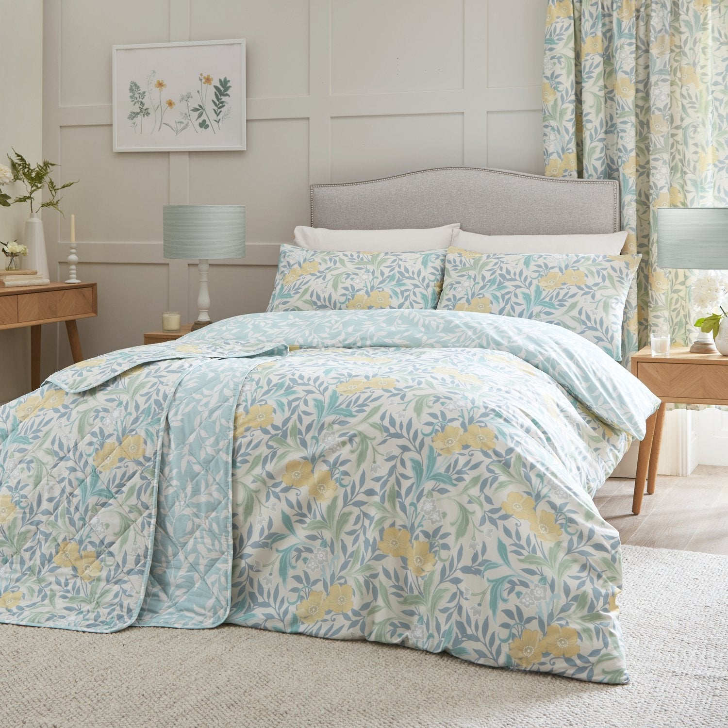 Sandringham Duck Egg Floral Quilted Bedspread Julian Charles Home