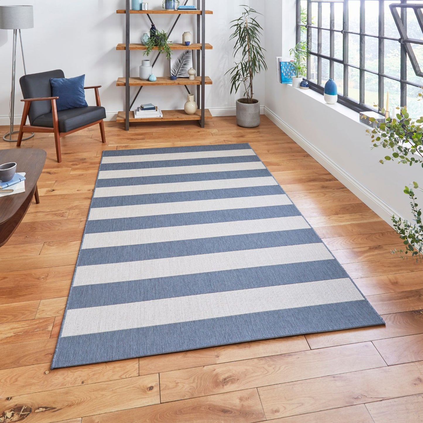 Santa Monica 48644 Blue and Light Beige Stripe Outdoor Rug