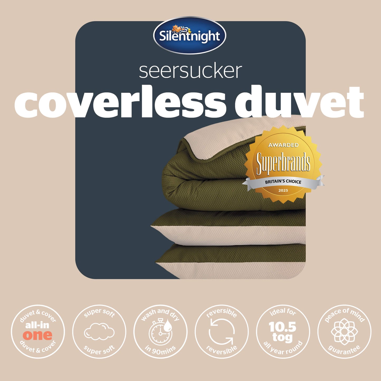 Silentnight Seersucker Olive Coverless 10.5 Tog Duvet and Pillowcase Set