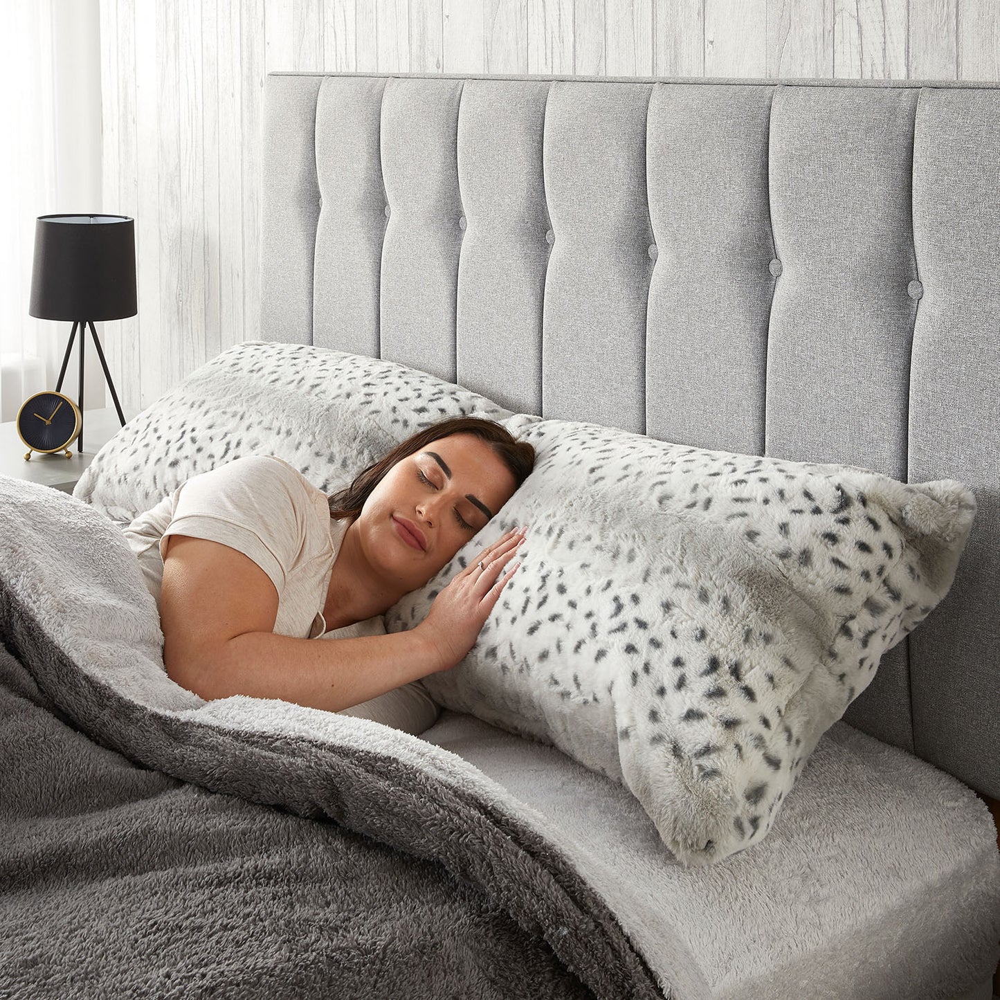 Snow Leopard Grey Faux Fur Bolster Cushion