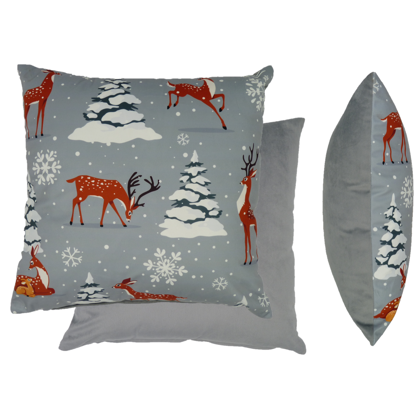 Snowy Deer Platinum Grey Filled Velvet cushion (45cm x 45cm)