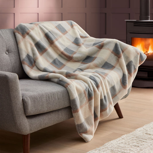 Silentnight Snugsie Natural Check Faux Fur Throw