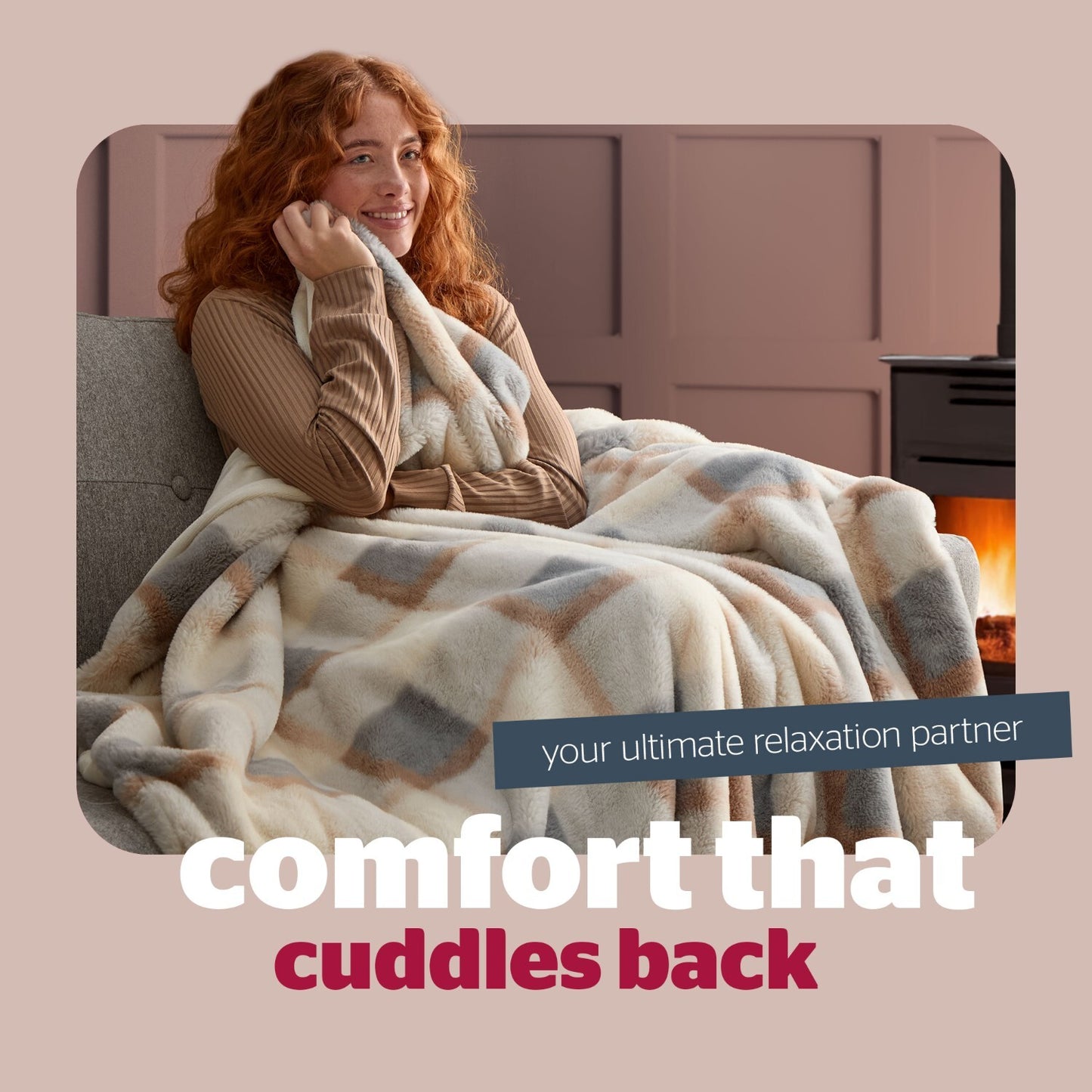 Silentnight Snugsie Natural Check Faux Fur Throw