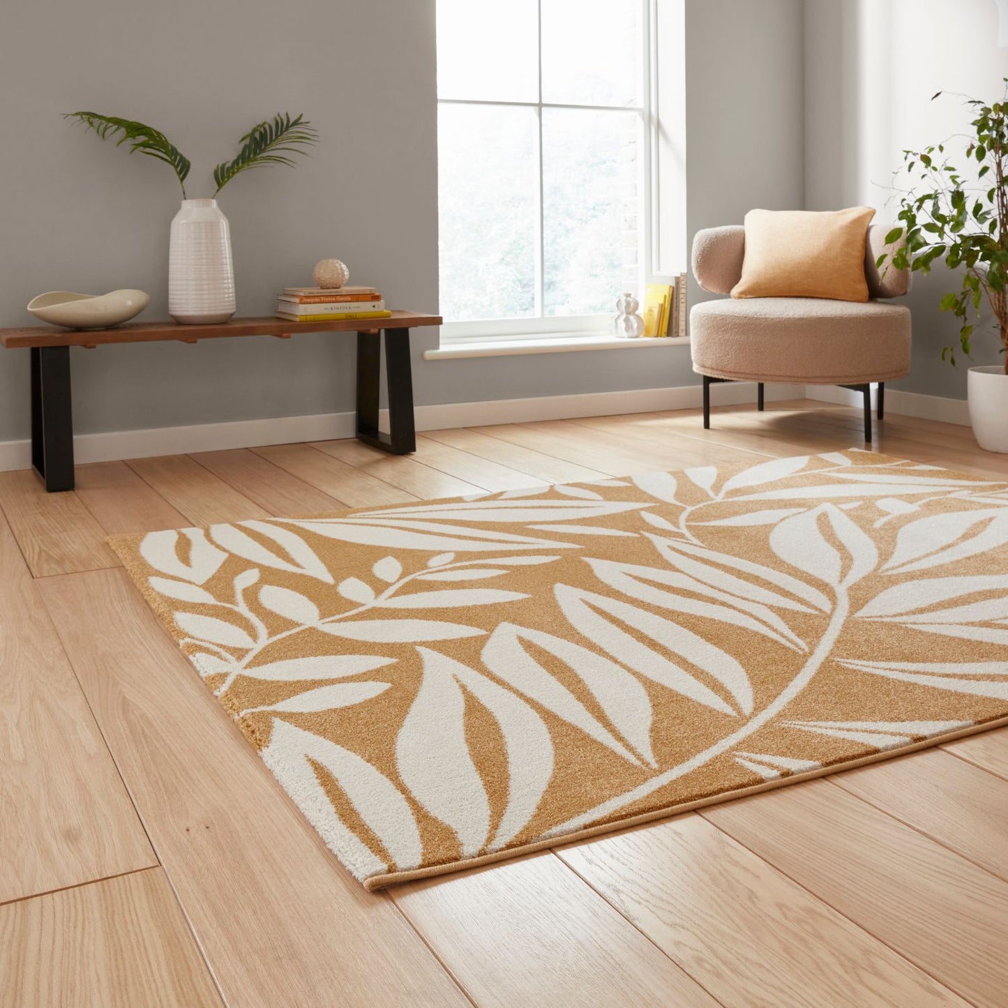 Catherine Lansfield Sorral Leaves Ochre Rug