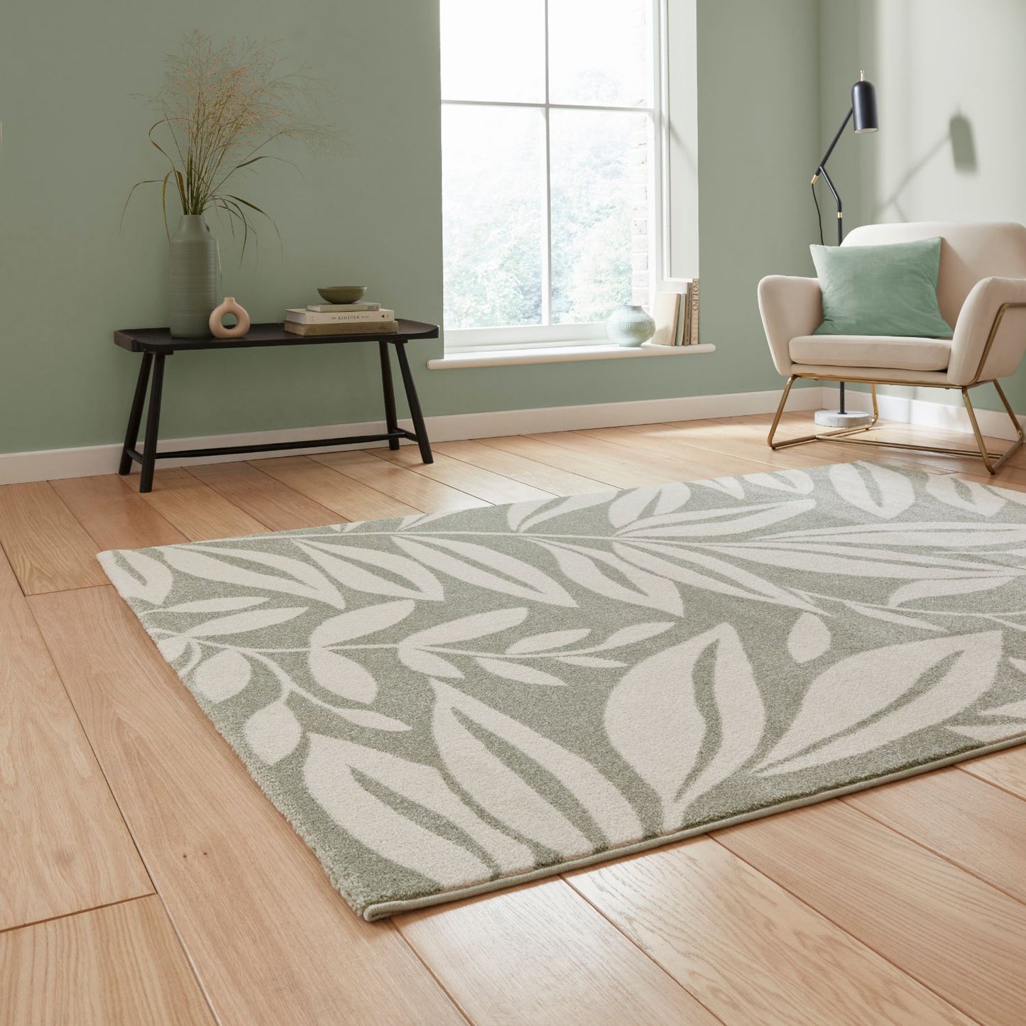 Catherine Lansfield Sorral Leaves Sage Green Rug