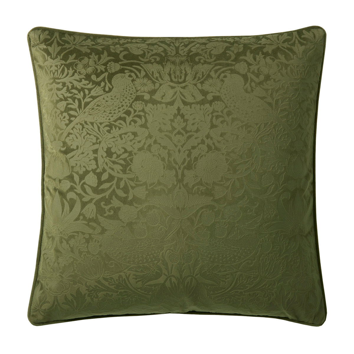 William Morris At Home Strawberry Thief Embossed Velvet Olive Large Cushion