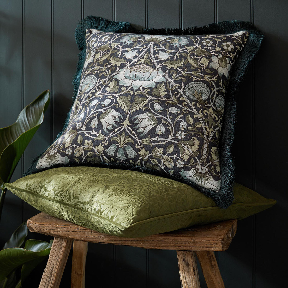 William Morris At Home Strawberry Thief Embossed Velvet Olive Large Cushion