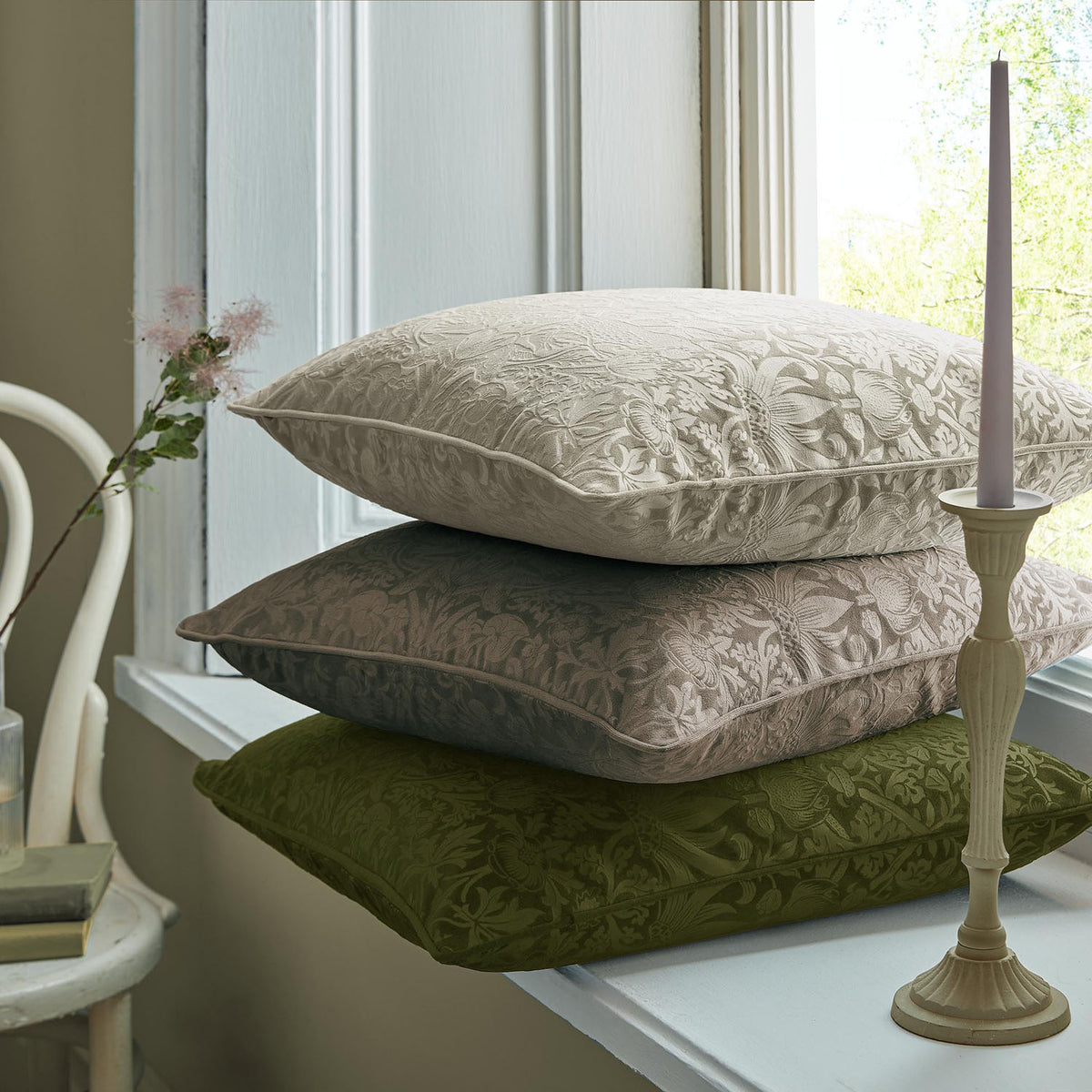 William Morris At Home Strawberry Thief Embossed Velvet Oyster Large Cushion