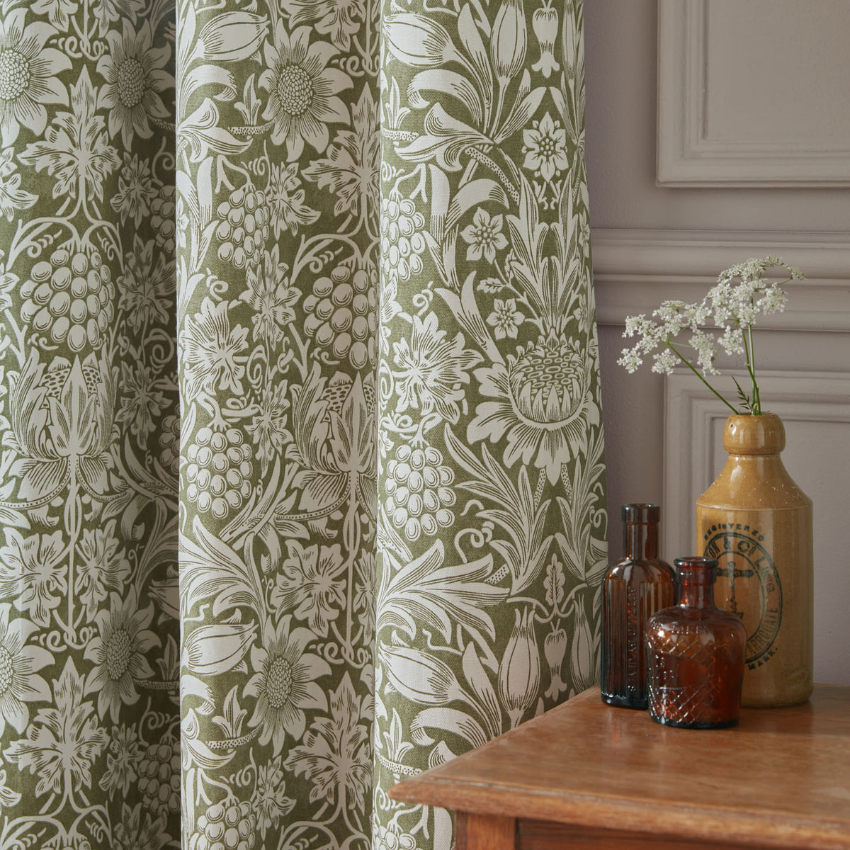 William Morris At Home Sunflower Dark Olive Blackout Pencil Pleat Curtains