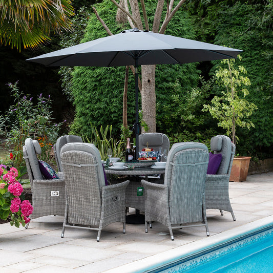 Flamingo Rattan Grey 6 Seat Reclining Dining Set with Round Table and Parasol