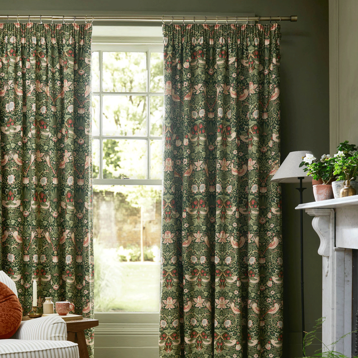William Morris At Home Strawberry Thief Nettle Blackout Pencil Pleat Curtains