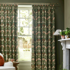 William Morris At Home Strawberry Thief Nettle Blackout Pencil Pleat Curtains