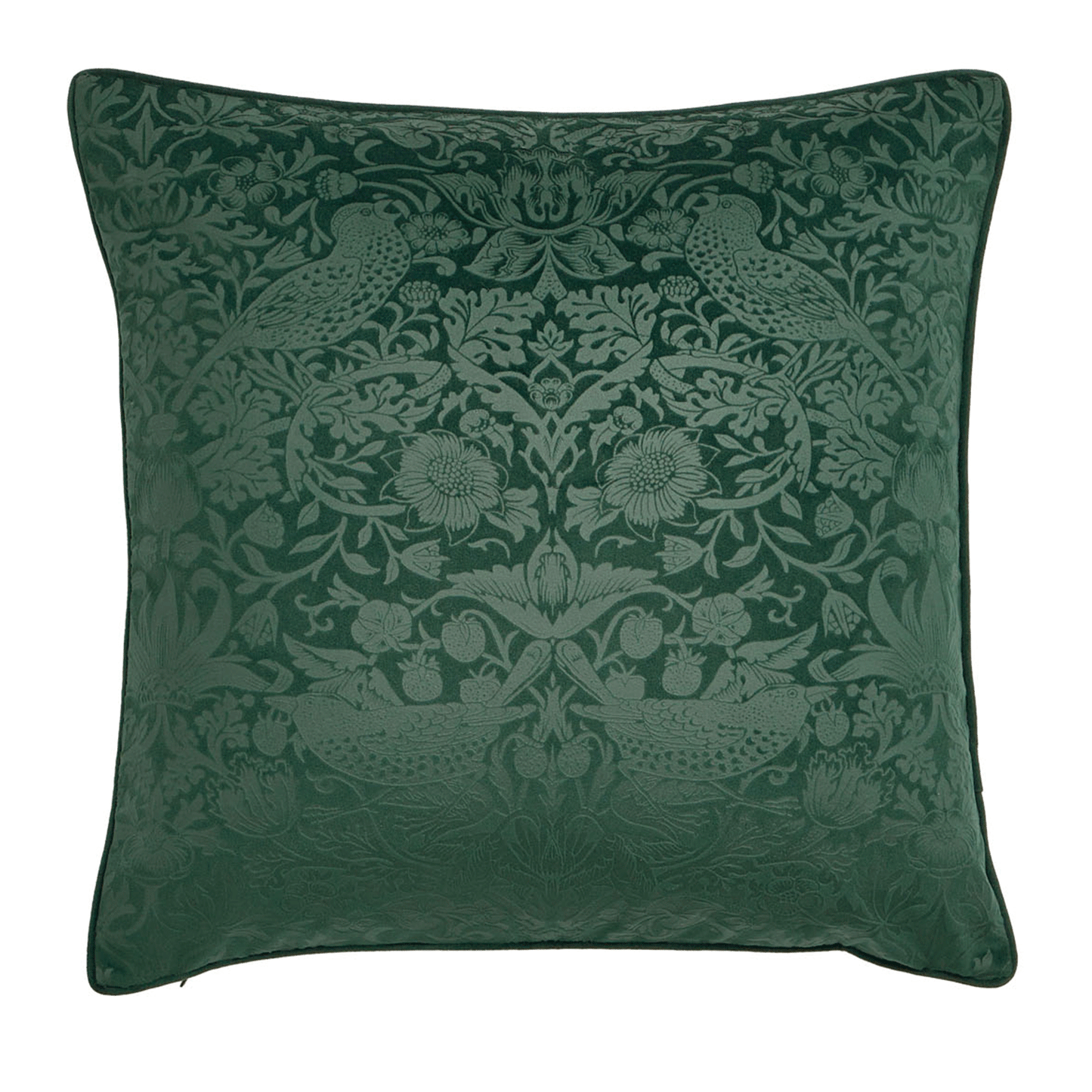 William Morris At Home Strawberry Thief Embossed Velvet Forest Green Large Cushion