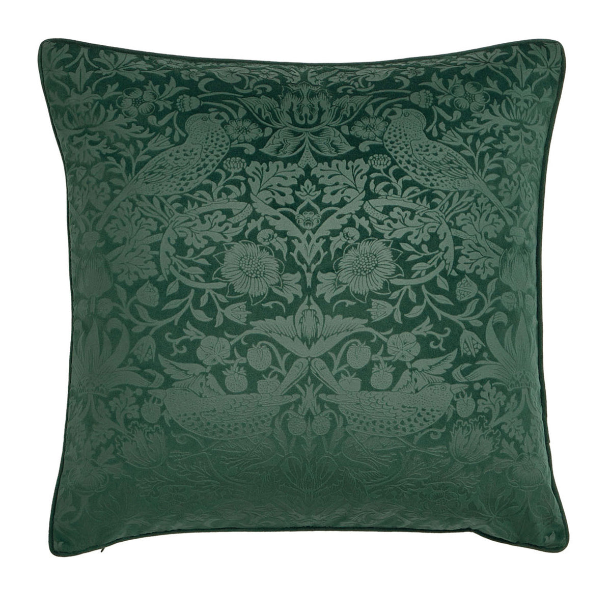 William Morris At Home Strawberry Thief Embossed Velvet Forest Green Large Cushion