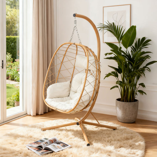 Adjustable Swing Hanging Egg Chair with Beige Headrest and Cushion
