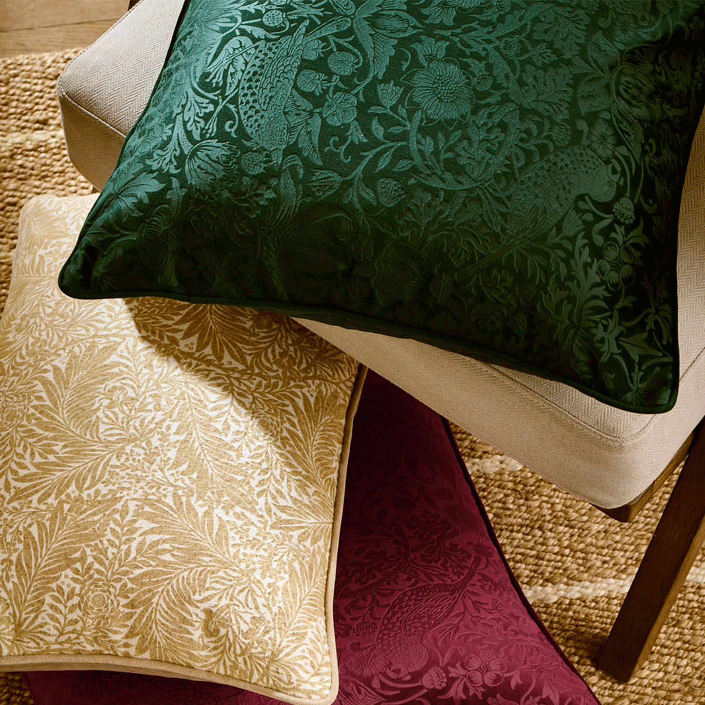 William Morris At Home Strawberry Thief Embossed Velvet Forest Green Large Cushion