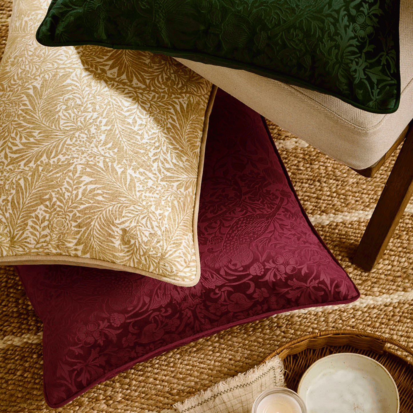 William Morris At Home Strawberry Thief Embossed Velvet Berry Large Cushion
