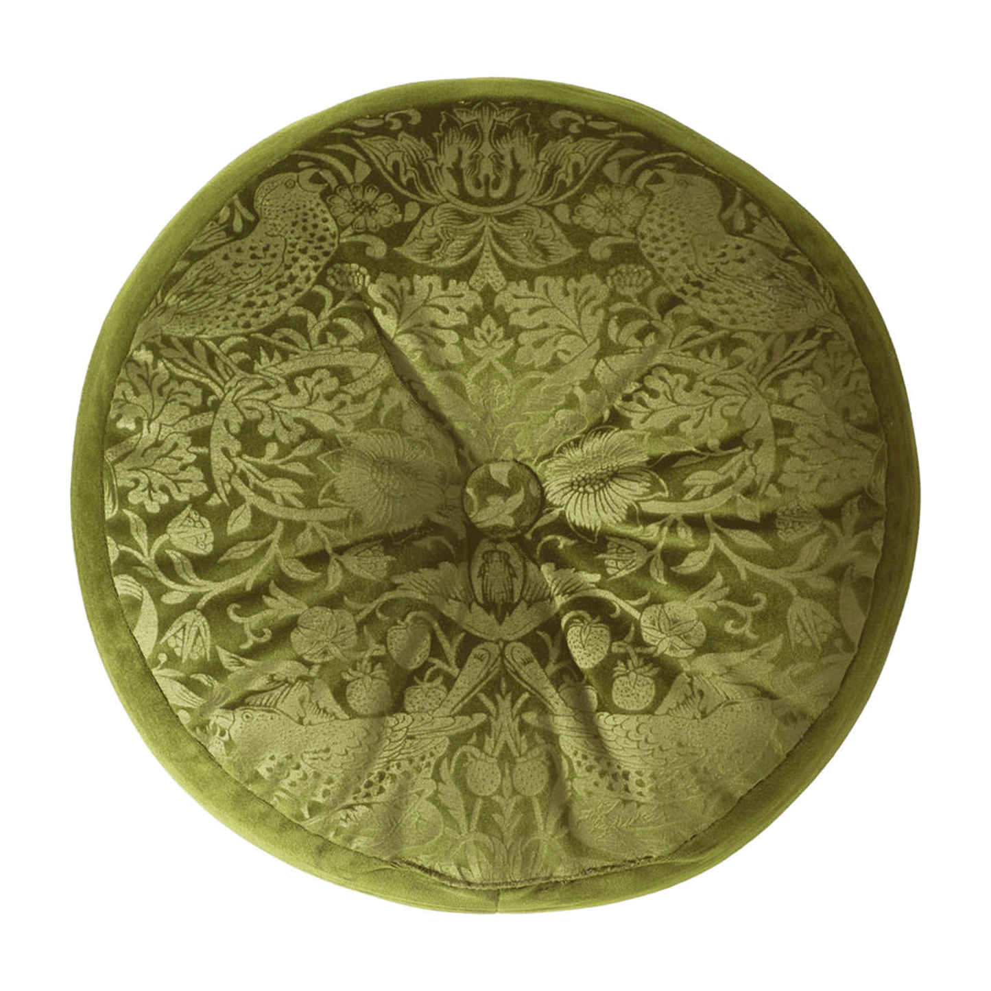William Morris At Home Strawberry Thief Embossed Velvet Olive Circular Cushion