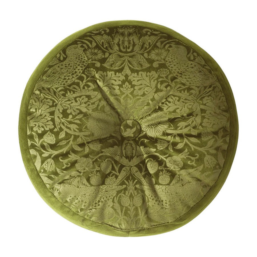 William Morris At Home Strawberry Thief Embossed Velvet Olive Circular Cushion