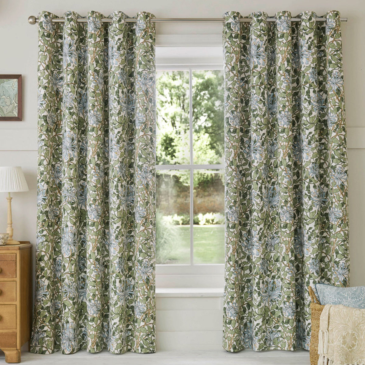 William Morris At Home Honeysuckle Powder Blue Blackout Eyelet Curtains