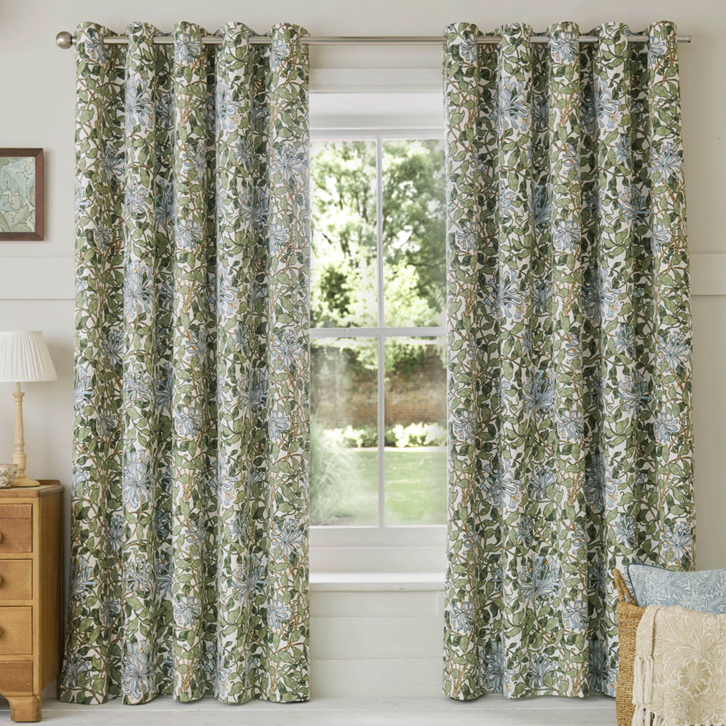 William Morris At Home Honeysuckle Powder Blue Blackout Eyelet Curtains