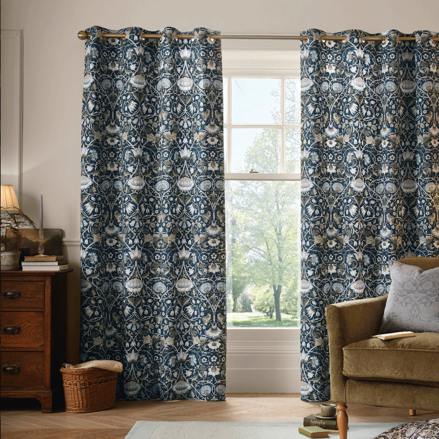 William Morris At Home Lodden Prussian Blue Eyelet Curtains