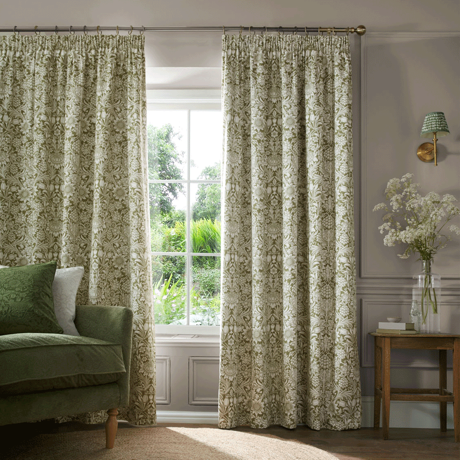 William Morris At Home Sunflower Dark Olive Blackout Pencil Pleat Curtains