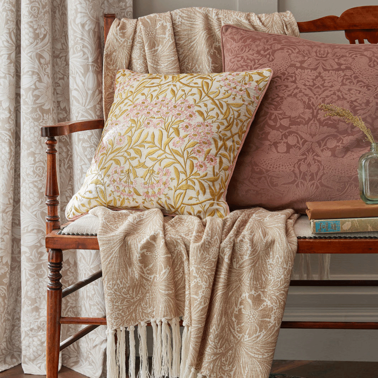 William Morris At Home Michaelmas Daisy Brick Pink-Gold Embroidered Cushion (43cm x 43cm)