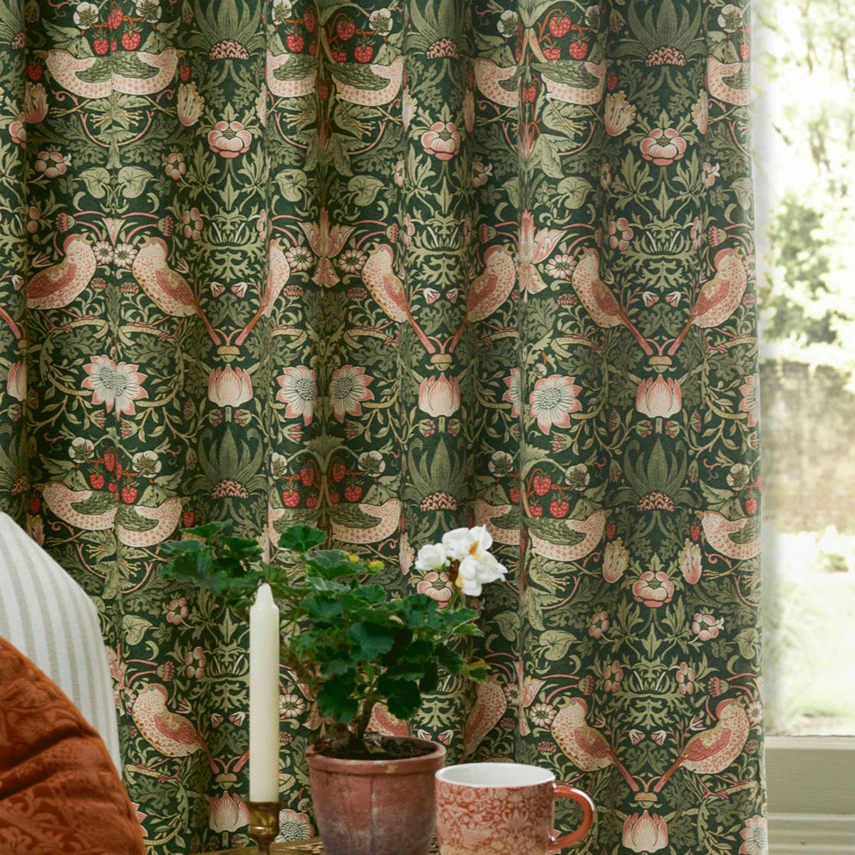 William Morris At Home Strawberry Thief Nettle Blackout Pencil Pleat Curtains